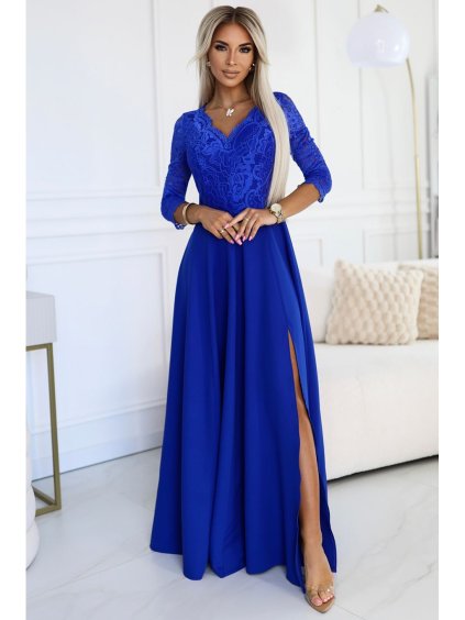 Šaty dlouhé elegantní společenské krajkové s výstřihem dlouhý rukáv  (S - 2XL) Polská móda- Royal blue 309-12 AMBER (Velikost S, Barva modrá královská)