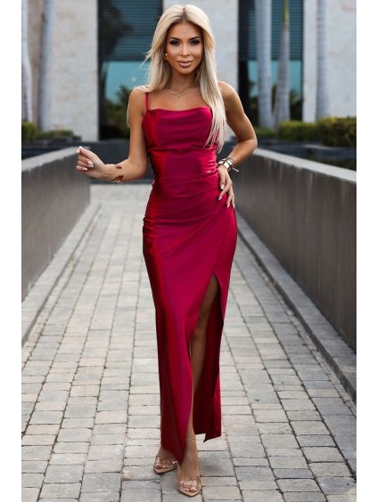 Šaty saténové dlouhé elegantní společenské na ramínka dámské (XS - XL) polská móda 483-5 DIANE NMC-483-5/DR (Velikost XS, Barva červená)