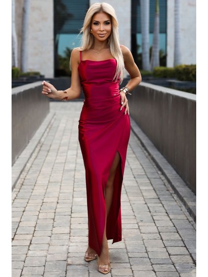 Šaty saténové dlouhé elegantní společenské na ramínka dámské (XS - XL) polská móda 483-5 DIANE NMC-483-5/DR