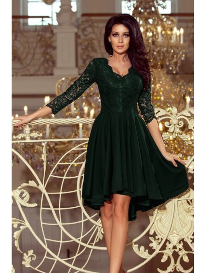 Šaty elegantní společenské s krajkou dlouhý rukáv dámský (S - 3XL) polská moda 210-3 NICOLLE NMC-210-3/DR (Velikost S, Barva zelená smaragdová)