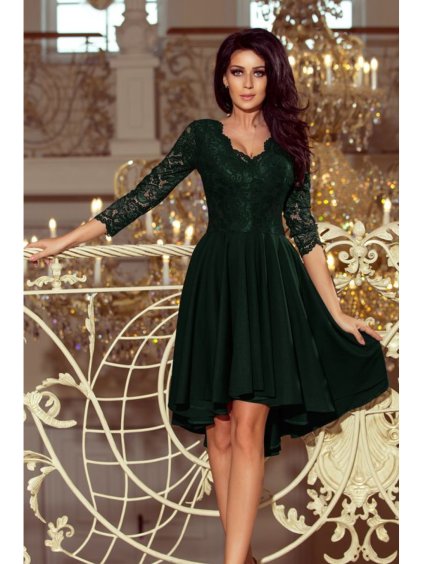 Šaty elegantní společenské s krajkou dlouhý rukáv dámský (S - 3XL) polská moda 210-3 NICOLLE NMC-210-3/DR (Velikost S, Barva zelená smaragdová)