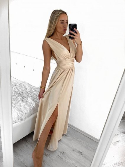 Šaty společenské dlouhé bez rukávu dámské (S/M/L ONE SIZE) ITALSKÁ MÓDA IMS235192/DUR (Velikost S/M/L, Barva béžová)
