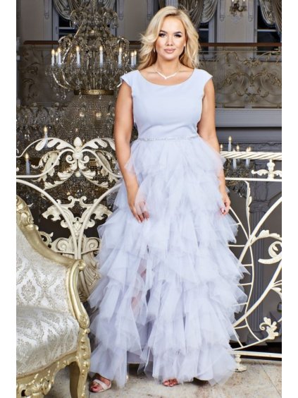 Šaty dlouhé elegantní společenské bez rukávu dámské (34-40) POLSKÁ MÓDA PMLBF24SANDRA (Velikost 34, Barva šedá)