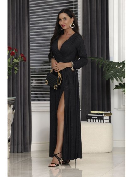 Šaty dlouhé elegantní třpytivé dlouhý rukáv dámské (S-2XL) POLSKÁ MÓDA PMLEL24SALMAB2 (Velikost S, Barva Černá)