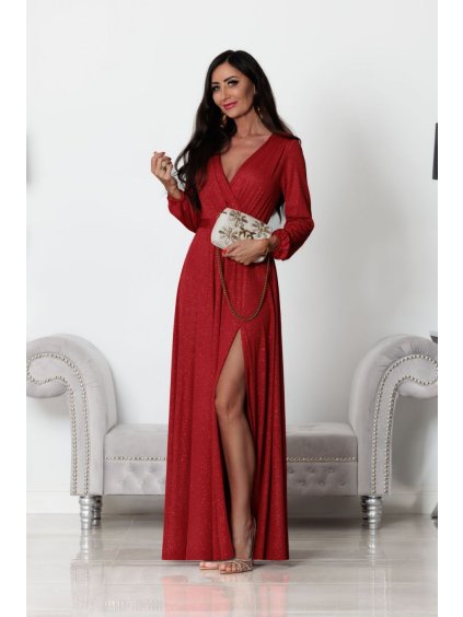 Šaty dlouhé elegantní třpytivé dlouhý rukáv dámské (S-2XL) POLSKÁ MÓDA PMLEL24SALMAB3 (Velikost S, Barva červená)