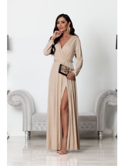 Šaty dlouhé elegantní třpytivé dlouhý rukáv dámské (S-2XL) POLSKÁ MÓDA PMLEL24SALMAB6 (Velikost S, Barva béžová)