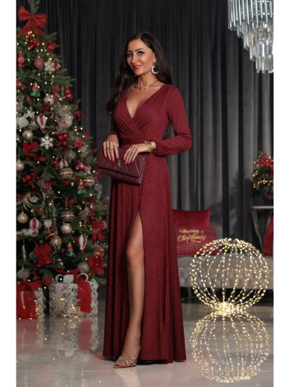 Šaty dlouhé elegantní třpytivé dlouhý rukáv dámské (S-2XL) POLSKÁ MÓDA PMLEL24SALMAB7 (Velikost S, Barva tmavě červená)