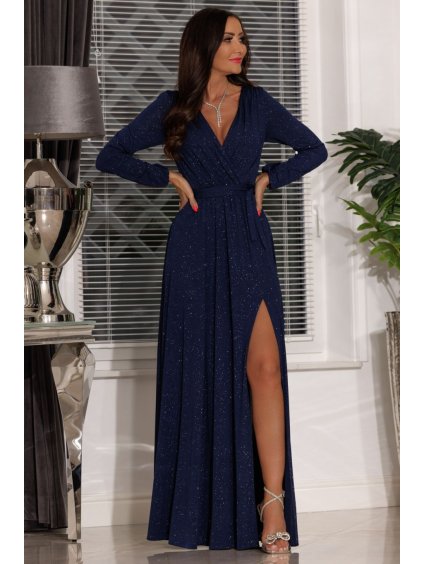 Šaty dlouhé elegantní třpytivé dlouhý rukáv dámské (S-2XL) POLSKÁ MÓDA PMLEL24SALMAB8 (Velikost S, Barva tmavě modrá)