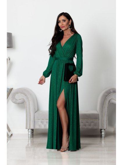 Šaty dlouhé elegantní třpytivé dlouhý rukáv dámské (S-2XL) POLSKÁ MÓDA PMLEL24SALMAB9 (Velikost S, Barva zelená)