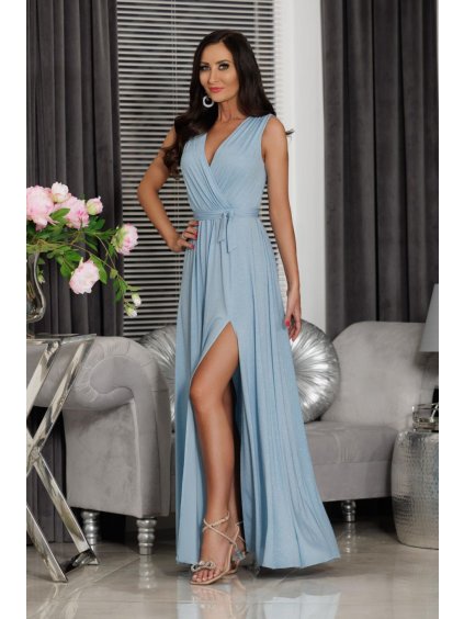 Šaty dlouhé elegantní třpytivé bez rukávu dámské (S-2XL) POLSKÁ MÓDA PMLEL25SALMA26 (Velikost S, Barva Modrá džínová světlá)