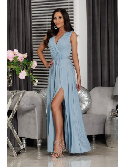 Šaty dlouhé elegantní třpytivé bez rukávu dámské (S-2XL) POLSKÁ MÓDA PMLEL25SALMA26 (Velikost S, Barva Modrá džínová světlá)