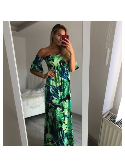 Šaty carmen dlouhé letní icecool žabičkované dámské (S/M ONE SIZE) ITALSKÁ MÓDA IMM21144/DR (Velikost S/M, Barva zelená)