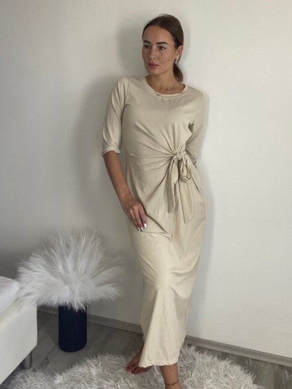 Šaty dlouhé dlouhý rukáv dámské (S/M/L ONE SIZE) ITALSKá MóDA IM525001/DU (Velikost S/M, Barva béžová)