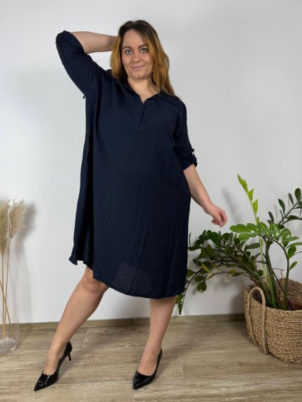 Šaty dlouhé volnočasové 3/4 rukáv dámské nadrozměr (52/54/56 ONE SIZE) ITALSKÁ MÓDA IM424592/DR (Velikost 54/56, Barva tmavě modrá)