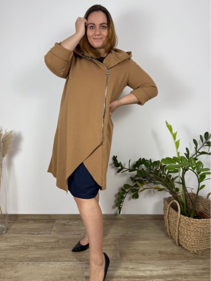 Mikina/kabát na zip s kapucí dlouhý rukáv dámská nadrozměr (50/52/54 ONE SIZE) ITALSKÁ MÓDA IMD23669/DR (Velikost 52/54, Barva hnědá)