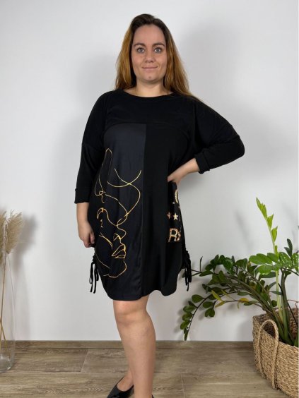 Šaty volnočasové dlouhý rukáv dámské nadrozměr (54/56/58 ONE SIZE) ITALSKÁ MÓDA IM424649-1/DR (Velikost 56/58, Barva Černá)