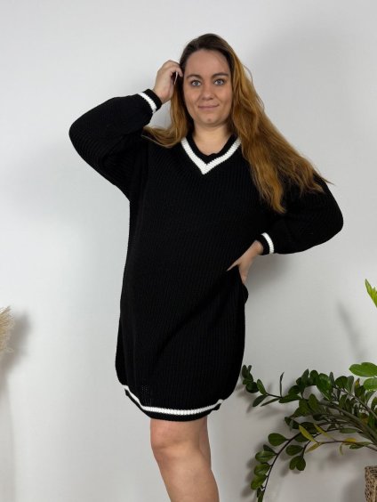 Šaty pletené dlouhý rukáv dámské nadrozměr (54/56/58 ONE SIZE) ITALSKÁ MÓDA IM424754/DR (Velikost 56/58, Barva Černá)