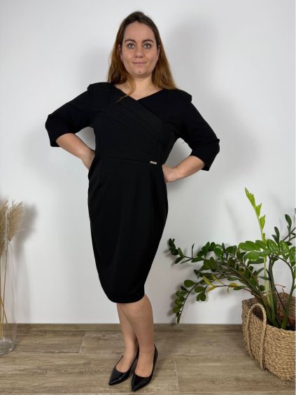 Šaty elegantní společenské 3/4 rukáv dámské nadrozměr (42-52) POLSKÁ MÓDA PMFF25ELENA/DR (Velikost 42, Barva Černá)