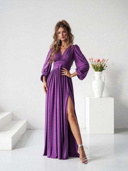 Šaty dlouhé elegantní třpytivé dlouhý rukáv dámské nadrozměr (34-50) POLSKÁ MÓDA PMLWD24RAMONA9 (Velikost 34, Barva tmavě fialová)