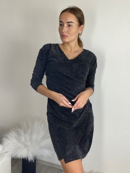 Šaty elegantní společenské 3/4 rukáv dámské (40-50) POLSKÁ MÓDA PMFF24STAR/DR (Velikost 42, Barva Černá)