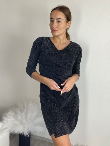 Šaty elegantní společenské 3/4 rukáv dámské (40-50) POLSKÁ MÓDA PMFF24STAR/DR (Velikost 42, Barva Černá)