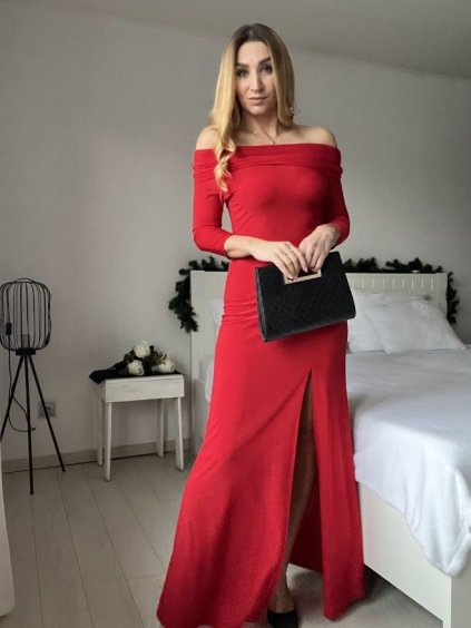 Šaty dlouhé společenské carmen krátký rukáv dámské (XS/S ONE SIZE) ITALSKÁ MÓDA IMPSH242100/DR (Velikost XS/S, Barva červená)