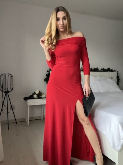 Šaty dlouhé společenské carmen krátký rukáv dámské (XS/S ONE SIZE) ITALSKÁ MÓDA IMPSH242100/DR (Velikost XS/S, Barva červená)