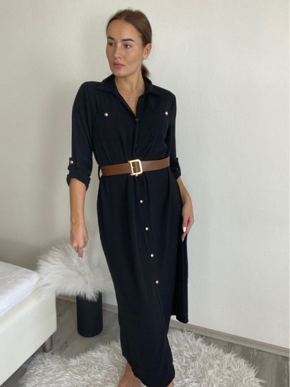 Šaty košilové s páskem dlouhý rukáv dámské (S/M/L ONE SIZE) ITALSKÁ MÓDA IMWB24250 (Velikost S/M/L, Barva Černá)