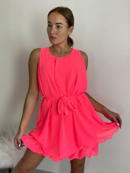Šaty letní krátké bez rukávu šifonové dámské (S/M/L ONE SIZE) ITALSKÁ MÓDA IM424KALI/DU (Velikost S/M/L, Barva oranžová neon)