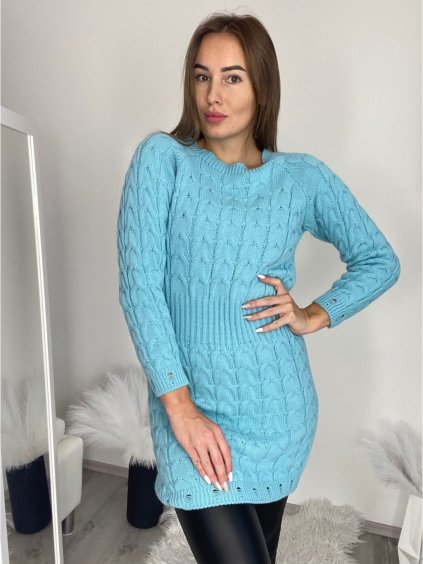 Šaty pletené dlouhý rukáv dámské (S/M/L ONE SIZE) ITALSKÁ MÓDA IMWBL24124/DR (Velikost S/M, Barva modrá azurová)