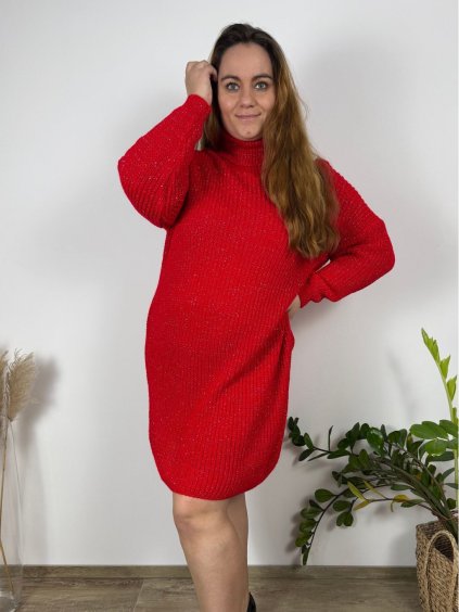 Šaty pletené s rolákem dlouhý rukáv dámské nadrozměr (54/56/58 ONE SIZE) ITALSKÁ MÓDA IM424760/DR (Velikost 54/56, Barva červená)