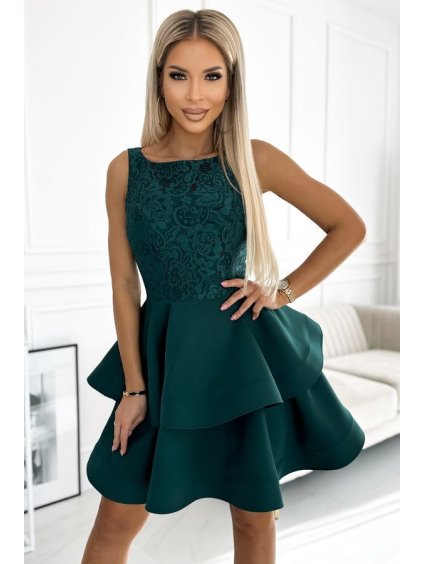 Šaty s krajkou s rozšířenou sukní společenské elegantní na ramínka  LAURA  NMC-205-4/DR (Velikost S, Barva zelená smaragdová)