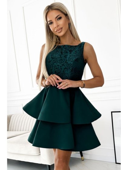 Šaty s krajkou s rozšířenou sukní společenské elegantní na ramínka  LAURA  NMC-205-4/DR (Velikost S, Barva zelená smaragdová)