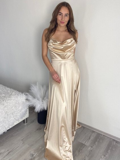 Šaty dlouhé elegantní saténové na ramínka dámské (S/M/L ONE SIZE) ITALSKÁ MÓDA IMPBB24B24737/DUR (Velikost S/M/L, Barva béžová)