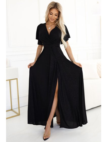 581-1 JENNIFER shiny long dress with sleeves and neckline - black with glitter (Velikost S)