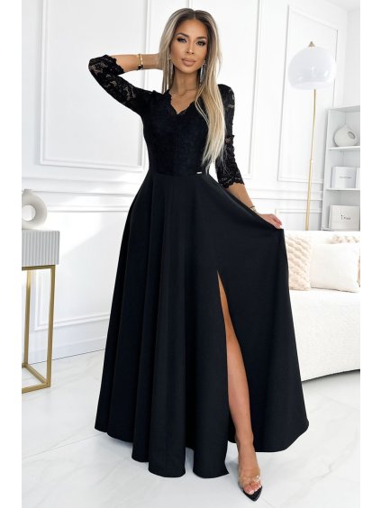 Šaty elegantní společenské krajkové dlouhé 3/4 rukávy Amber (S-2XL) POLSKÁ MÓDA NMC-309-11/DR (Velikost S, Barva Černá)