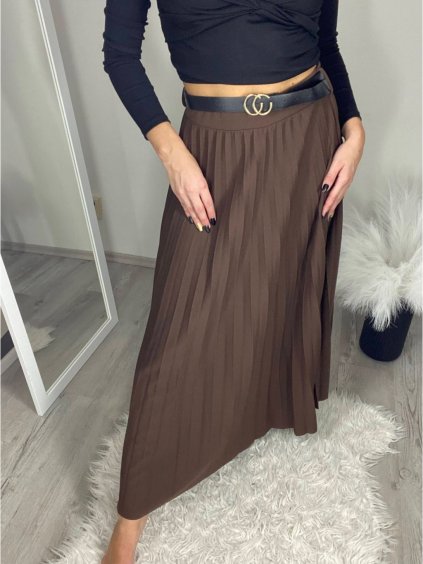 Sukně dlouhá skládaná s páskem dámská (S/M/L ONE SIZE) ITALSKÁ MÓDA IM324ARIANA/DR (Velikost S/M/L, Barva hnědá)
