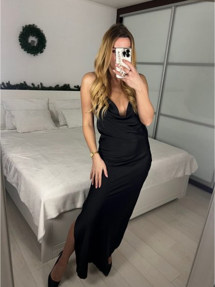 Šaty dlouhé elegantní saténové na ramínka dámské (S/M/L ONE SIZE) ITALSKÁ MÓDA IMPLP2455060075/DUR (Velikost S/M/L, Barva Černá)