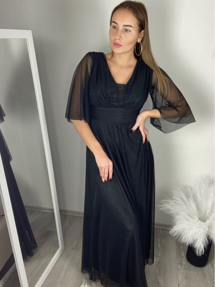 Šaty společenské elegantní třpitivé 3/4 rukáv dámské (S/M/L ONE SIZE) ITALSKá MODA IMS25KRISTA/DR (Velikost S/M/L, Barva Černá)