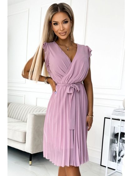 Šaty krátké plisované krátký rukáv dámské (S-XL) polská moda NUMOCO 374-3 POLINA NMC-374-3/DR (Velikost L, Barva růžová starorůžová)