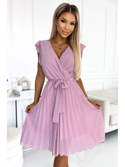 Šaty krátké plisované krátký rukáv dámské (S-XL) polská moda NUMOCO 374-3 POLINA NMC-374-3/DR (Velikost L, Barva růžová starorůžová)