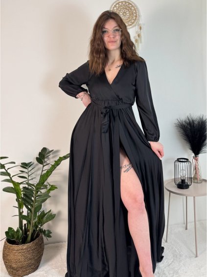 Šaty dlouhé elegantní saténové dlouhý rukáv dámské (S/M ONE SIZE) ITALSKÁ MÓDA IMPBB24O782/DUR (Velikost S/M, Barva Černá)