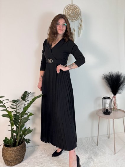 Šaty dlouhé s páskem dlouhý rukáv dámské (S/M/L ONE SIZE) ITALSKÁ MÓDA IMPLI2439348 (Velikost S/M/L, Barva Černá)