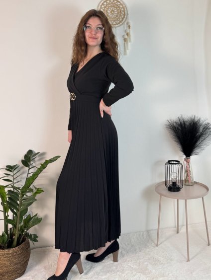 Šaty dlouhé s páskem dlouhý rukáv dámské (S/M/L ONE SIZE) ITALSKÁ MÓDA IMPLI2439348 (Velikost S/M/L, Barva Černá)