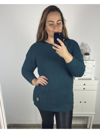 Svetr pletený dlouhý rukáv dámský (2XL/3XLONE SIZE) ITALSKÁ MÓDA IM423MODENA/DU (Velikost 2XL/3XL, Barva modrá petrolejová)