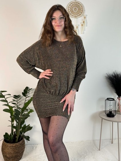 Šaty krátké elegantní třpytivé dlouhý rukáv dámské (S/M/L ONE SIZE) ITALSKÁ MÓDA IMC24602/DUR (Velikost S/M/L, Barva zlatá)