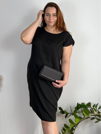 Šaty elegantní společenské krátký rukáv dámské nadrozměr (40-52) POLSKÁ MÓDA PMF23SWERTE/DU (Velikost 40, Barva Černá)
