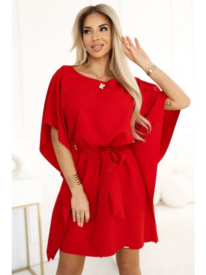 287-35 SOFIA Butterfly Dress with Waist Tie - Red (Velikost S/M)