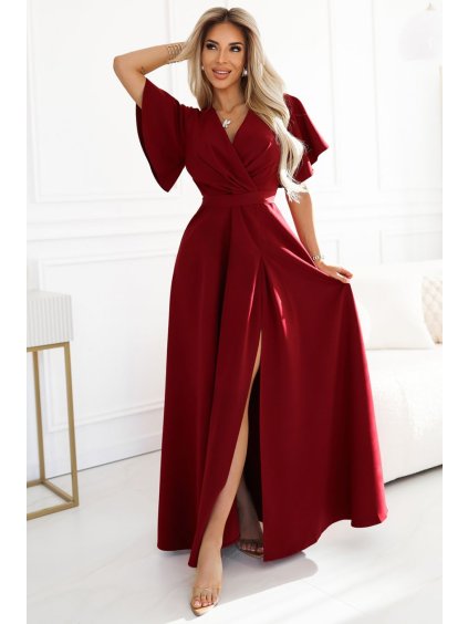 581-2 JENNIFER long dress with leg slit, sleeve and neckline - burgundy color (Velikost S)