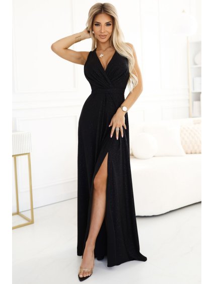 587-1 MONIQUE long exclusive dress with a neckline and a leg slit - black with glitter (Velikost S)